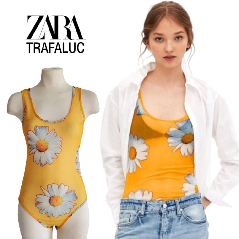 Zara Trafaluc Semi Sheer Yellow Daisy Mesh Bodysuit Whimsigoth Size S